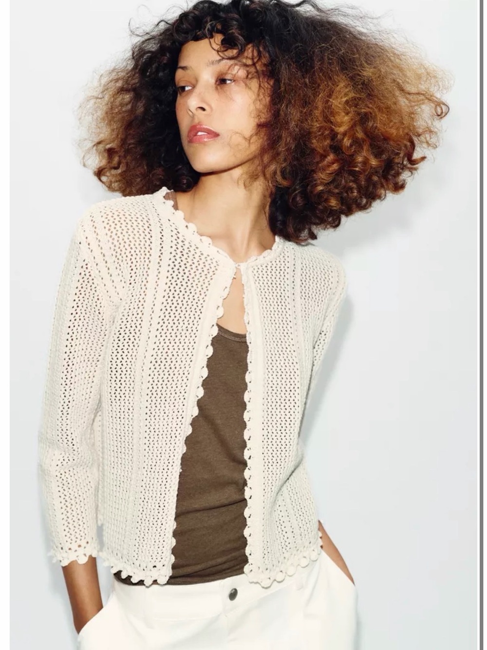 ZARA NWT Cream Open-Knit Scallop-Edge Cardigan